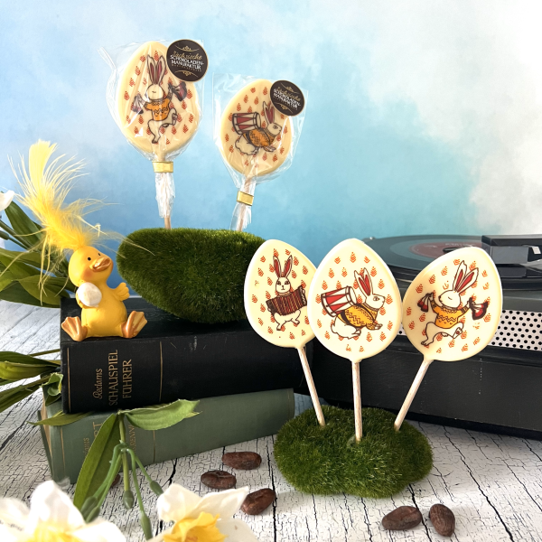 Lolli „Musikhase“ weiße Schokolade 33% und Karamell